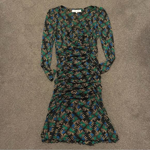 Diane Von Furstenberg Vladimir Printed Ruched Mesh Long Sleeve Dress - Picture 4 of 8